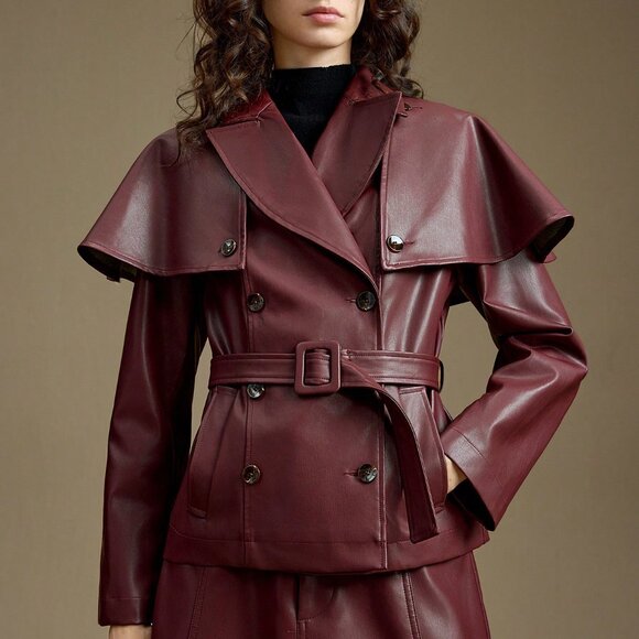 Burgundy Preppy Women's Detachable Shawl Coat with Chic Lapel & Cape - Picture 7 of 8